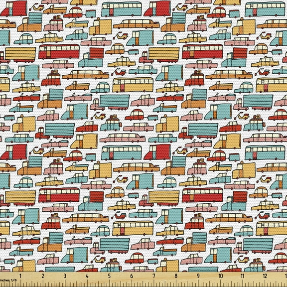 Ambesonne Cars Fabric by the Yard Upholstery, Motorbikes Caravans Bus, 1 Yard, Aqua Red Orange