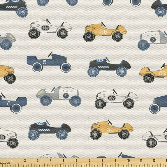Ambesonne Cars Fabric by the Yard Upholstery, Vintage Race Automobiles, 2 Yards, Ivory Slate Blue Mustard