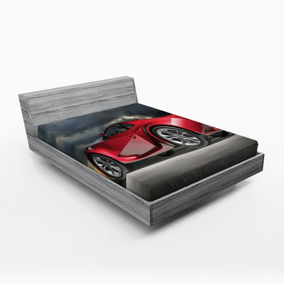 Ambesonne Cars Fitted Sheet, Modern Red Sports Vehicle, Full Size, Red Grey Black