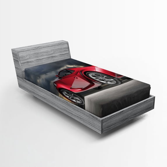Ambesonne Cars Fitted Sheet, Modern Red Sports Vehicle, Twin Size, Red Grey Black