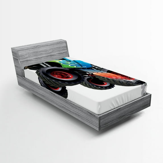 Ambesonne Cars Fitted Sheet, Monster Truck Cool Cartoon, Twin XL Size, Aqua Green Black