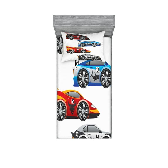 Ambesonne Cars Fitted Sheet & Pillow Sham Set, Formula Cars Technology, Twin, Multicolor