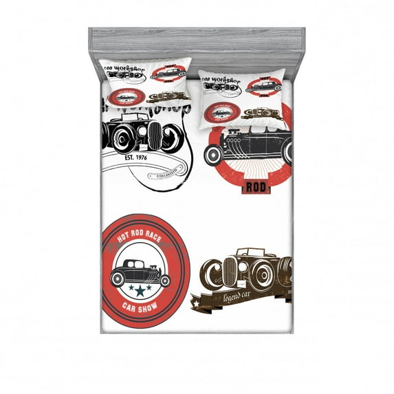 Ambesonne Cars Fitted Sheet & Pillow Sham Set, Retro Hot Rod Pop Art Print, Queen, Multicolor