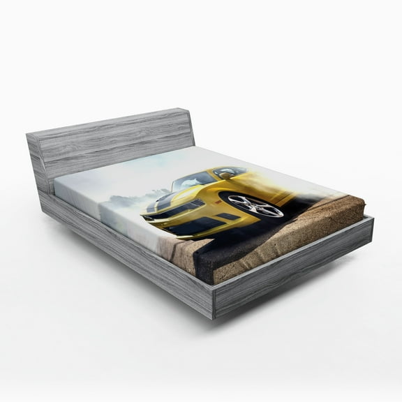 Ambesonne Cars Fitted Sheet, Racing Sports Drifting Men, Queen Size, Yellow