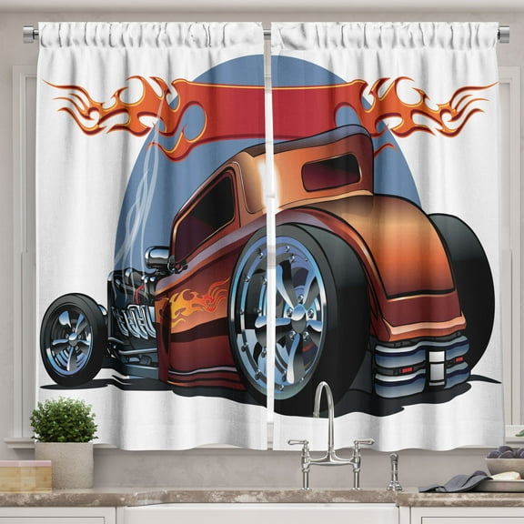 Ambesonne Cars Kitchen Curtains, Cartooon Hot Rod Classic, 55"x39", Orange Blue Black