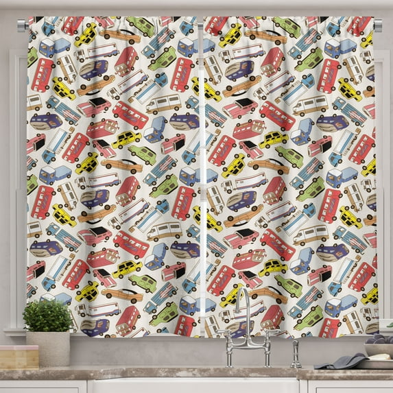 Ambesonne Cars Kitchen Curtains, Lorry Cargo Taxi Fun Print, 55"x39", Multicolor