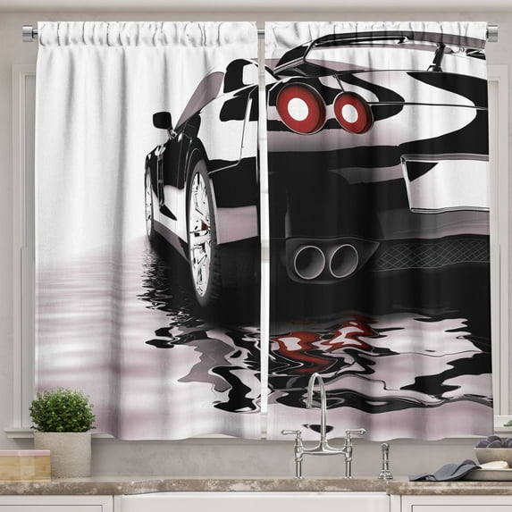 Ambesonne Cars Kitchen Curtains, Modern Black Vehicle Style, 55"x45", Black Red White