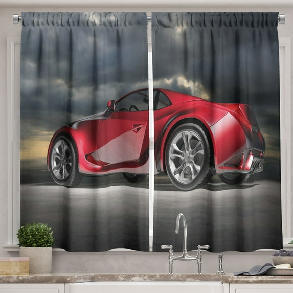 Ambesonne Cars Kitchen Curtains, Modern Red Sports Vehicle, 55"x39", Red Grey Black