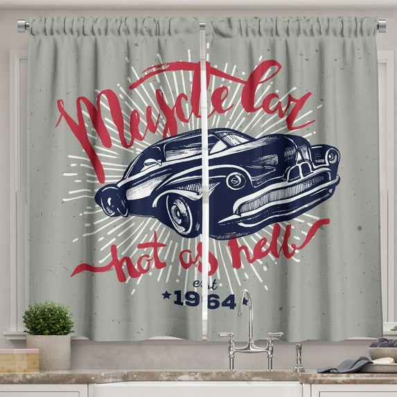 Ambesonne Cars Kitchen Curtains, Muscle Car Hot as Hell, 55"x39", Navy Blue Red Pale Grey