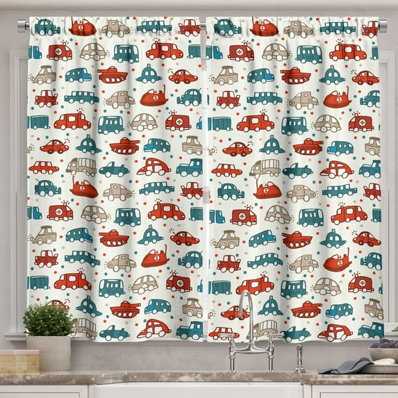 Ambesonne Cars Kitchen Curtains, Play Time Doodle, 55"x45", Scarlet Teal Tan