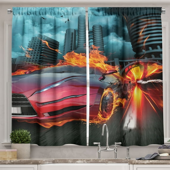 Ambesonne Cars Kitchen Curtains, Red Hot Concept Car, 55"x45", Red Orange Blue