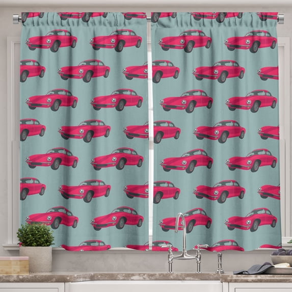 Ambesonne Cars Kitchen Curtains, Retro Vehicle from Sixties, 55"x39", Pink Slate Blue