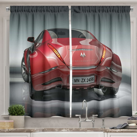 Ambesonne Cars Kitchen Curtains, Sports Car Powerful Engine, 55"x45", Red Black Grey