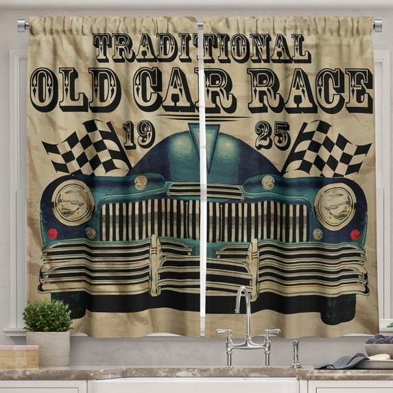 Ambesonne Cars Kitchen Curtains, Traditional Old Race Car, 55"x45", Sand Brown Black Blue