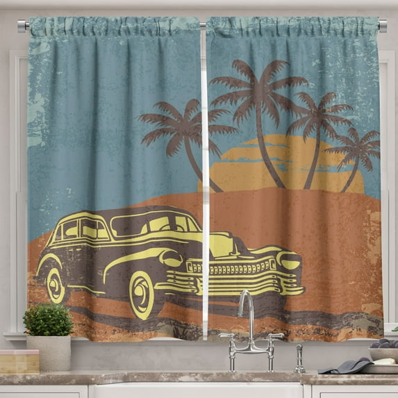 Ambesonne Cars Kitchen Curtains, Vintage Ride on the Beach, 55"x39", Pale Yellow Dark Orange