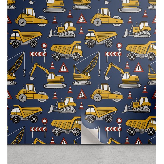 Ambesonne Cars Peel & Stick Wallpaper for Home, Construction Vehicles Image, 13"x36", Slate Blue and Earth Yellow