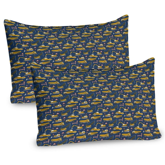 Ambesonne Cars Pillow Sham 2 Pack, Construction Vehicles Image, 26"x20", Slate Blue and Earth Yellow