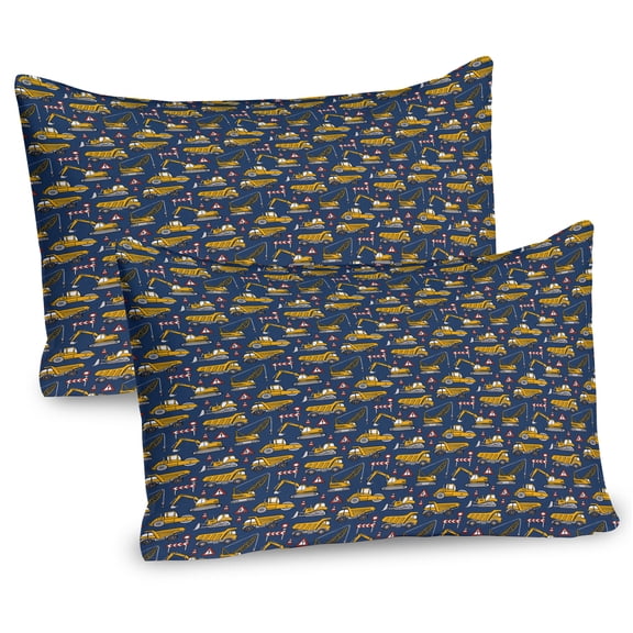Ambesonne Cars Pillow Sham 2 Pack, Construction Vehicles Image, 30"x20", Slate Blue and Earth Yellow
