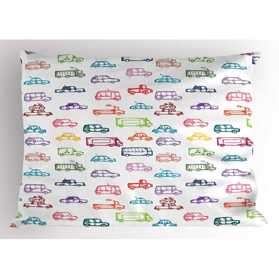 Ambesonne Cars Pillow Sham, Colorful Funny Bus and Truck, 36" X 20", Multicolor