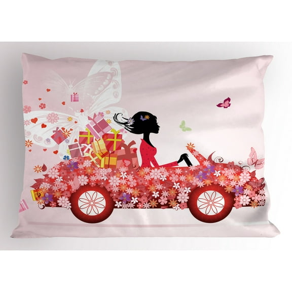 Ambesonne Cars Pillow Sham, Girl on a Car Floral Box, 26" X 20", Pink Dark Coral Black