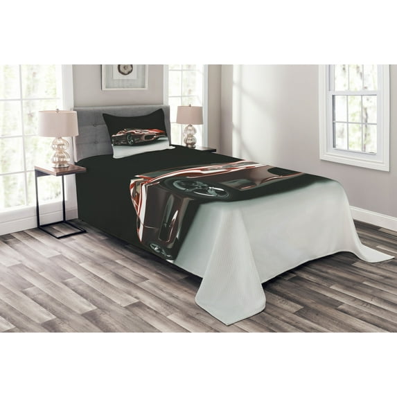 Ambesonne Cars Quilted Bedspread Set 2 Pcs, Automotive Industry Theme, Twin Size, Red Black White