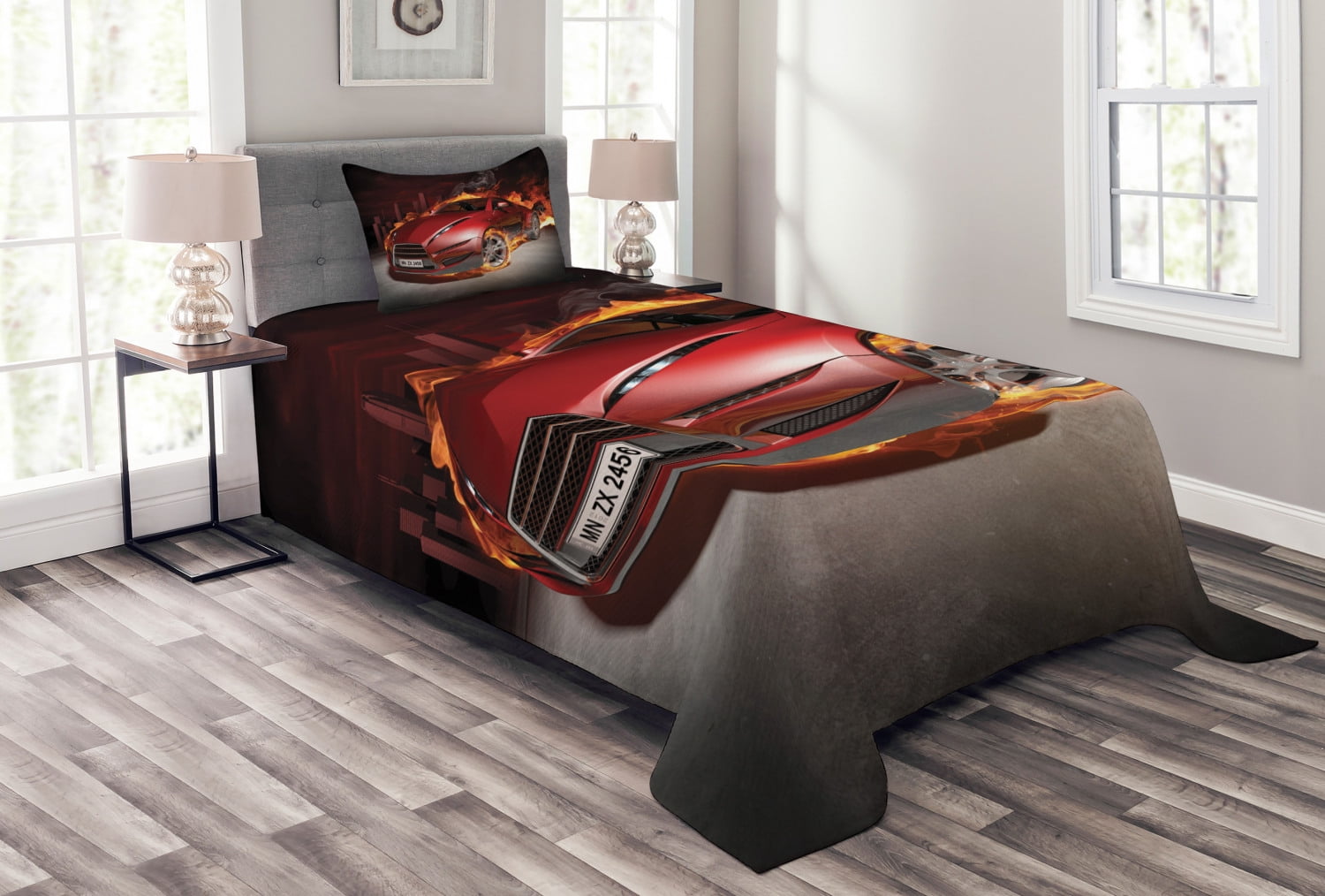 Twin Red Quilted Kids Car Bedspread Set