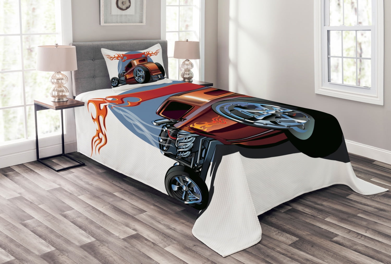Twin White Polyester Hot Rod Car Bedspread Set