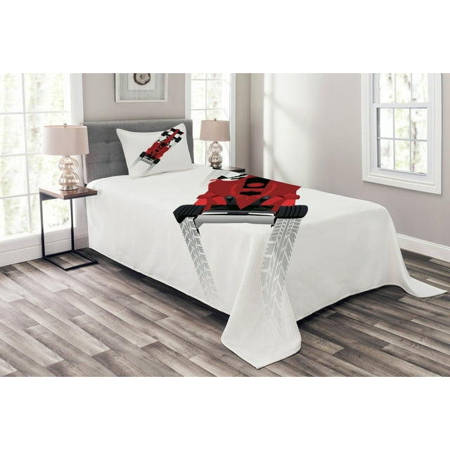 Ambesonne Cars Quilted Bedspread Set 2 Pcs, Formula Car on Speedway, Twin Size, Red Black Pale Grey