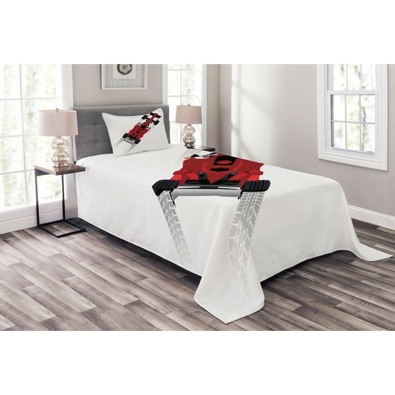 Ambesonne Cars Quilted Bedspread Set 2 Pcs, Formula Car on Speedway, Twin Size, Red Black Pale Grey