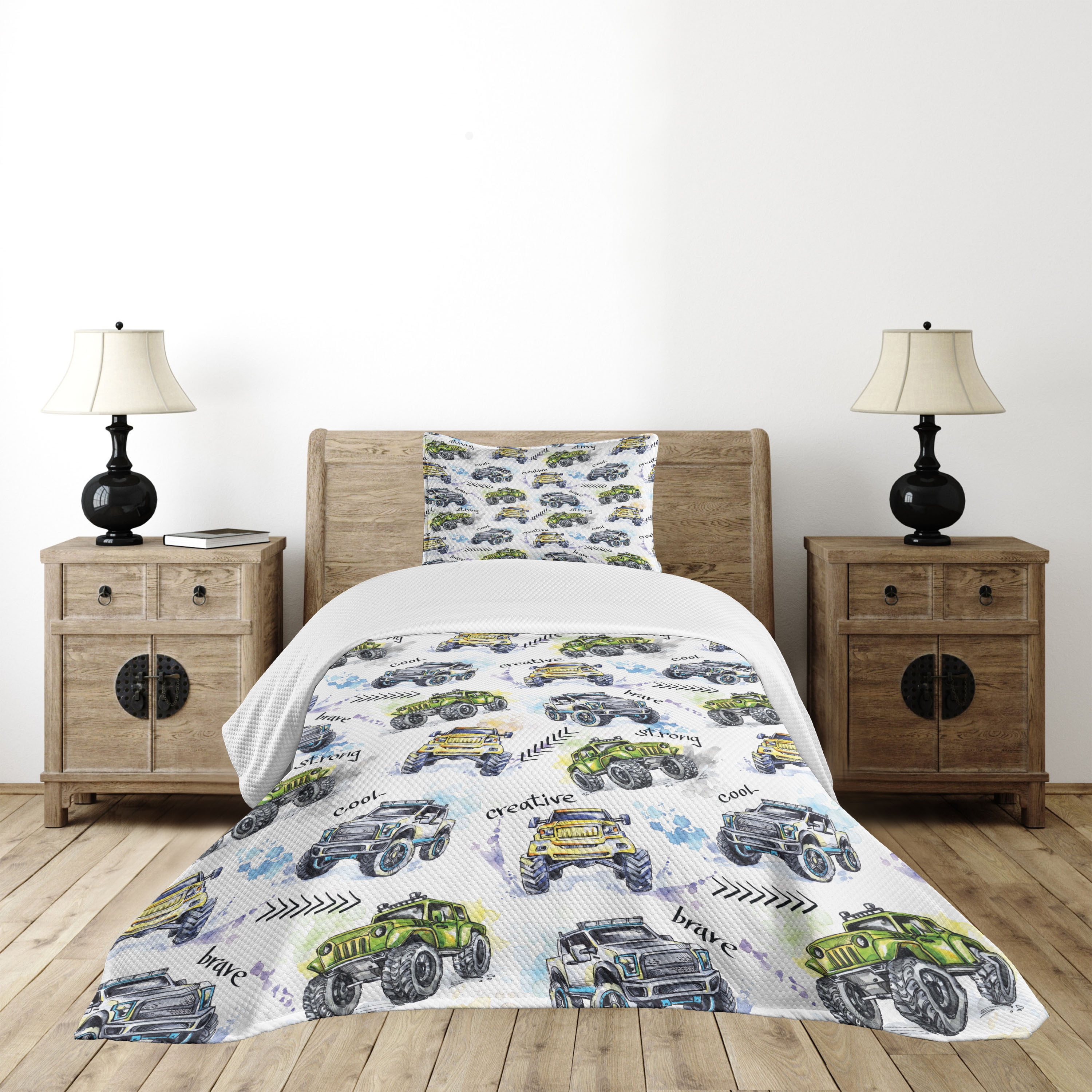 Twin White Quilted Bedspread Set with Monster Truck Design