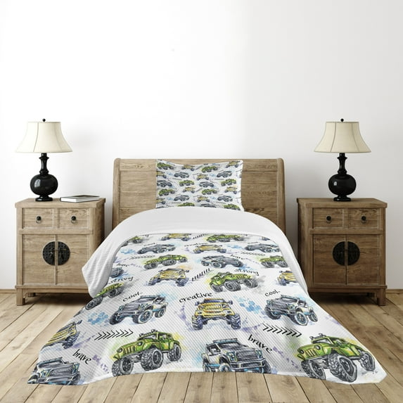 Ambesonne Cars Quilted Bedspread Set 2 Pcs, Hand Drawn Monster Truck, Twin Size, Yellow Lavender Blue