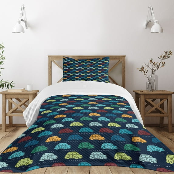 Ambesonne Cars Quilted Bedspread Set 2 Pcs, Mini Retro Vehicle on Road, Twin Size, Dark Blue Aqua Mustard