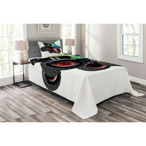 Ambesonne Cars Quilted Bedspread Set 2 Pcs, Monster Truck Cool Cartoon, Twin Size, Aqua Green Black