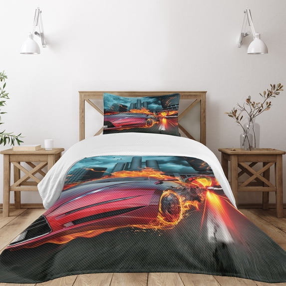 Ambesonne Cars Quilted Bedspread Set 2 Pcs, Red Hot Concept Car, Twin Size, Red Orange Blue