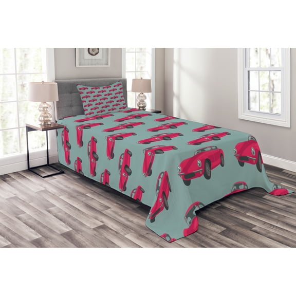 Ambesonne Cars Quilted Bedspread Set 2 Pcs, Retro Vehicle from Sixties, Twin Size, Pink Slate Blue