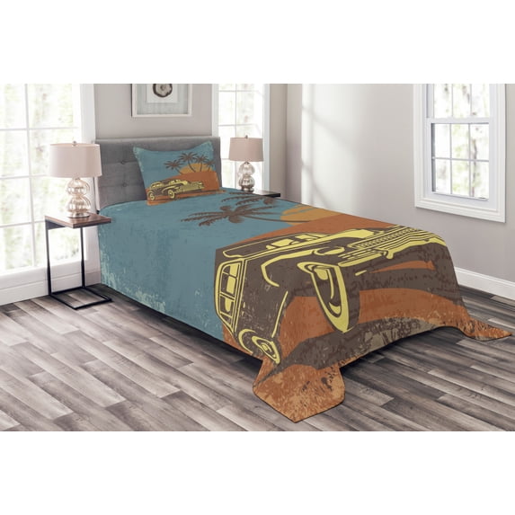 Ambesonne Cars Quilted Bedspread Set 2 Pcs, Vintage Ride on the Beach, Twin Size, Pale Yellow Dark Orange