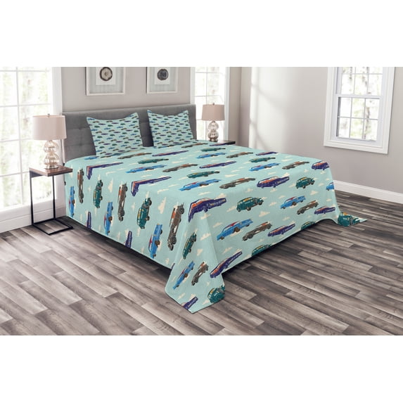 Ambesonne Cars Quilted Bedspread Set 3 Pcs, Abstarct Design Retro Ride, King Size, Pale Blue Teal Umber
