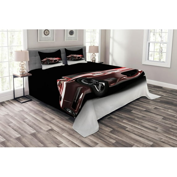 Ambesonne Cars Quilted Bedspread Set 3 Pcs, Automotive Industry Theme, Queen Size, Red Black White