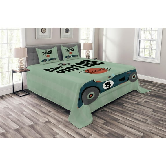 Ambesonne Cars Quilted Bedspread Set 3 Pcs, Classic Design Racing, Queen Size, Reseda Green Petrol Blue