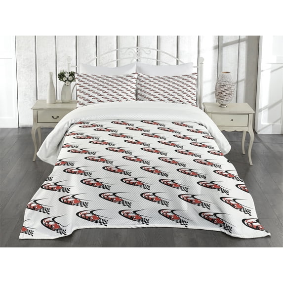 Ambesonne Cars Quilted Bedspread Set 3 Pcs, Formula Race Rally Win, King Size, Scarlet Black White