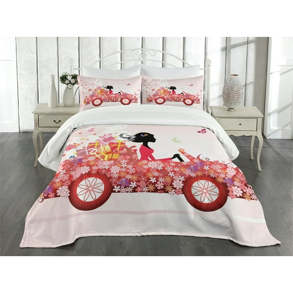 Ambesonne Cars Quilted Bedspread Set 3 Pcs, Girl on a Car Floral Box, King Size, Pink Dark Coral Black