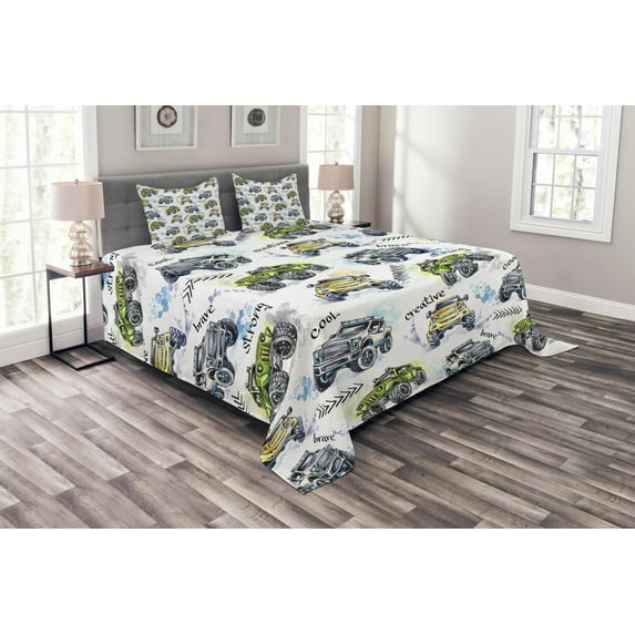 Ambesonne Cars Quilted Bedspread Set 3 Pcs, Hand Drawn Monster Truck, King Size, Yellow Lavender Blue