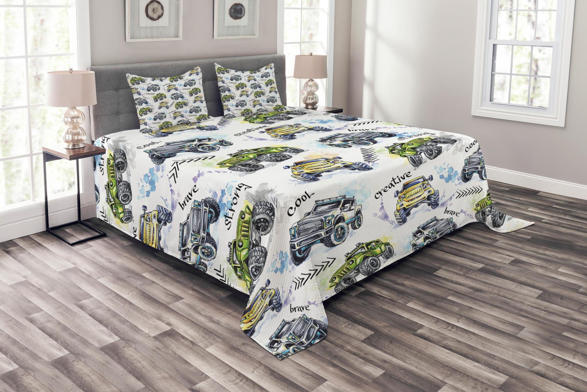 White Quilted Queen Bedspread Set with Monster Truck Design