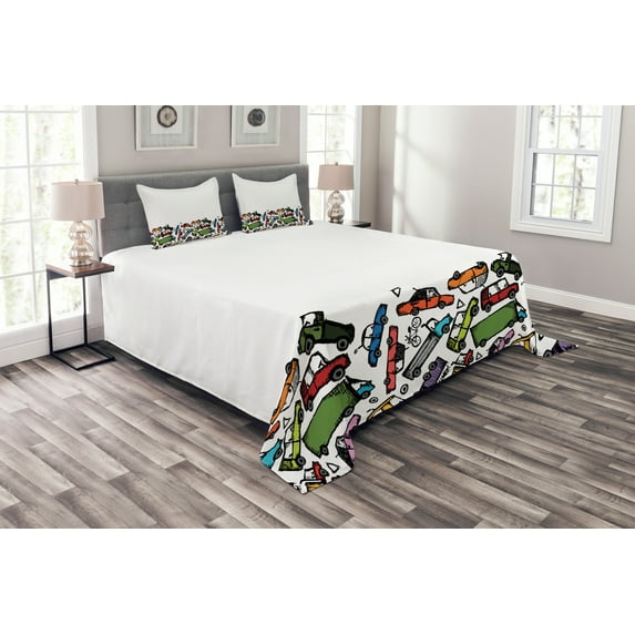 Ambesonne Cars Quilted Bedspread Set 3 Pcs, Hand Drawn Wheels, Queen Size, Multicolor