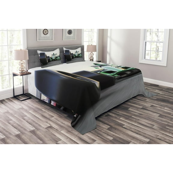 Ambesonne Cars Quilted Bedspread Set 3 Pcs, Indy Cars on Asphalt Road, King Size, Grey Black Green
