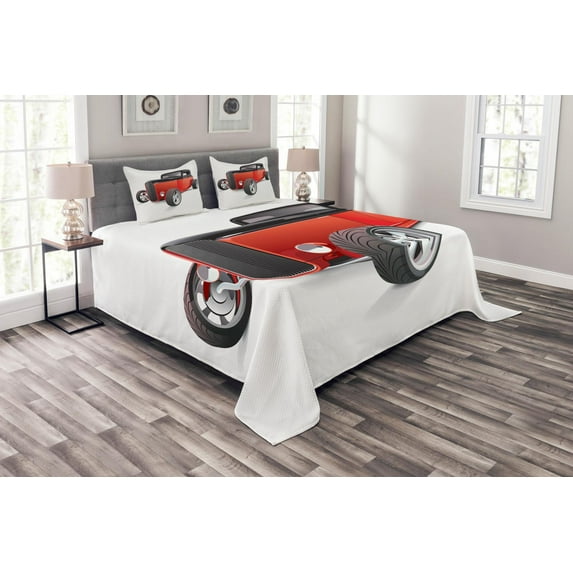 Ambesonne Cars Quilted Bedspread Set 3 Pcs, Nostalgic American Wheels, King Size, Red Black White