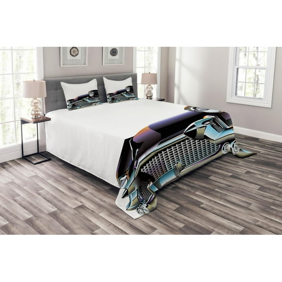 Ambesonne Cars Quilted Bedspread Set 3 Pcs, Old Fashioned Automobile, Queen Size, Black Pale Blue Orange