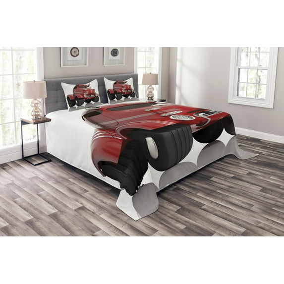 Ambesonne Cars Quilted Bedspread Set 3 Pcs, Realistic Design, Queen Size, Charcoal Grey Dried Rose