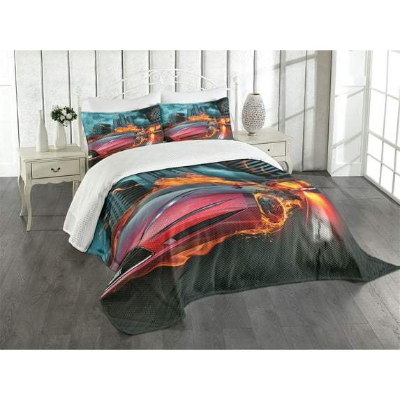 Ambesonne Cars Quilted Bedspread Set 3 Pcs, Red Hot Concept Car, King Size, Red Orange Blue