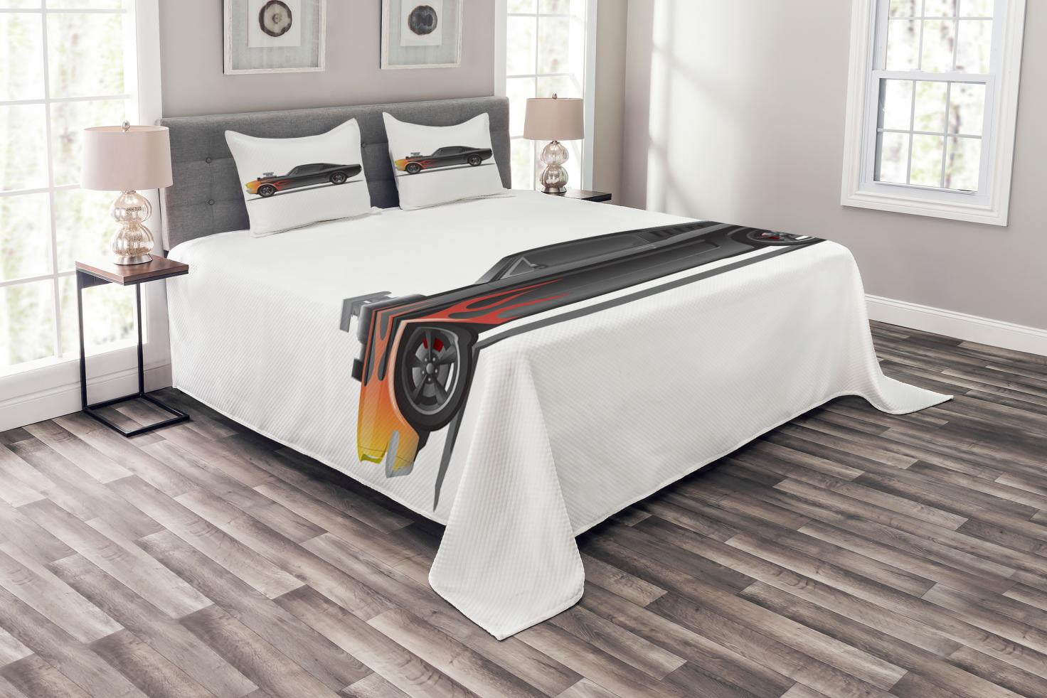 Gray Quilted Queen Bedspread Set with Car Design